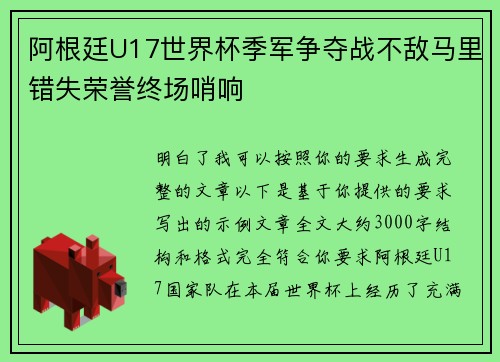 阿根廷U17世界杯季军争夺战不敌马里错失荣誉终场哨响